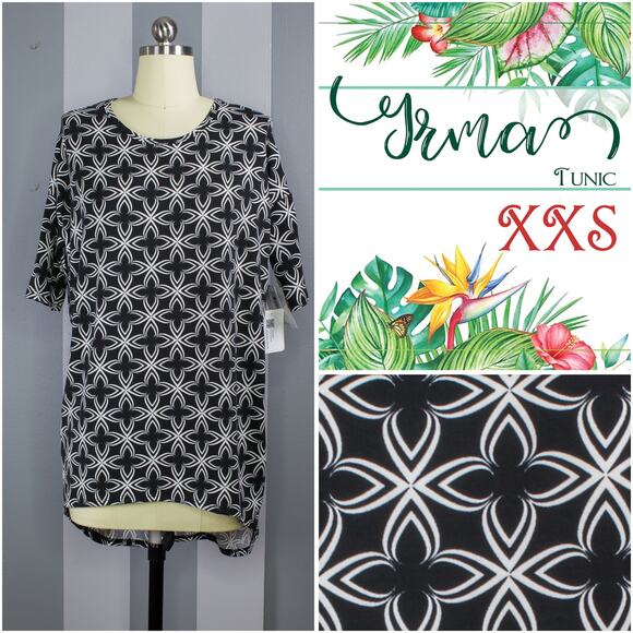 LuLaRoe Irma Tunic XXS Black White Geometric Floral Dolman Top High Low Hem - Picture 8 of 8
